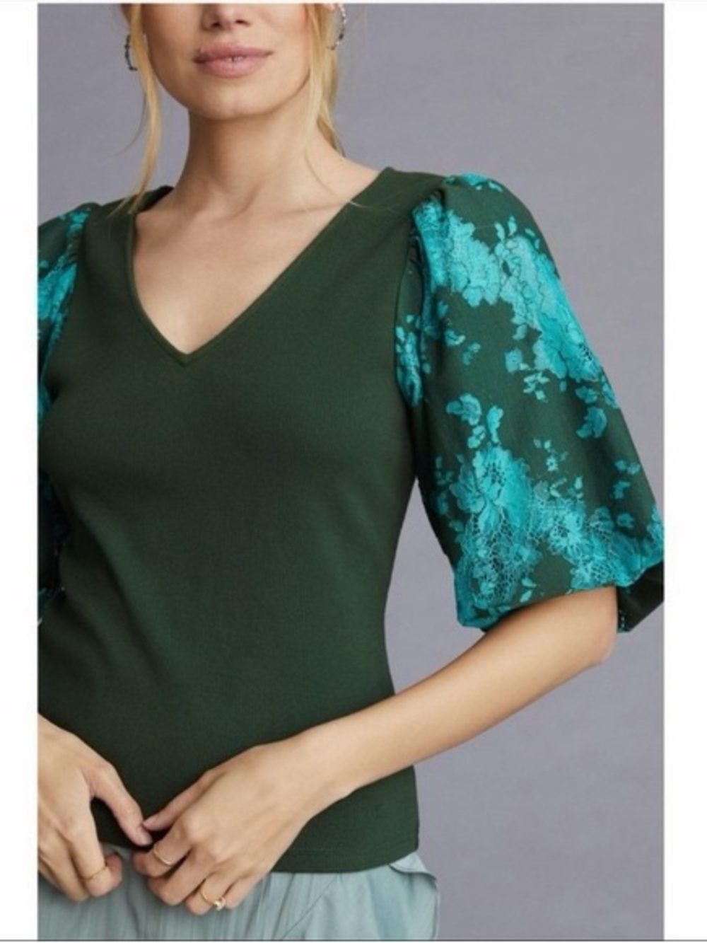Anthropologie Dolan Green V-Neck Blouse with Teal Lace Puff Sleeves